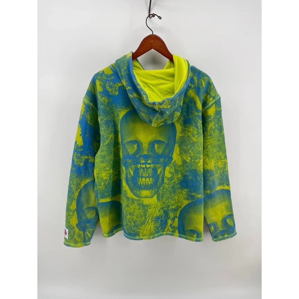 Russell Athletic Skull Hoodie Neon‎ Green Blue Y2K Grunge Small Unisex